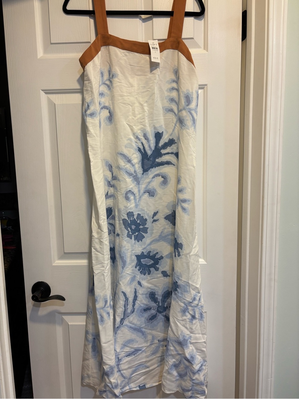 LOFT White Maxi Dress with Blue Floral Print and Brown Straps